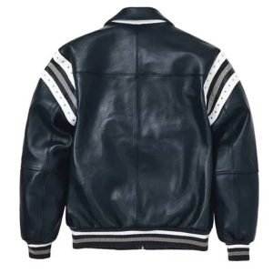 Navy Blue Pelle Pelle Encrusted Varsity Real Leather Jacket