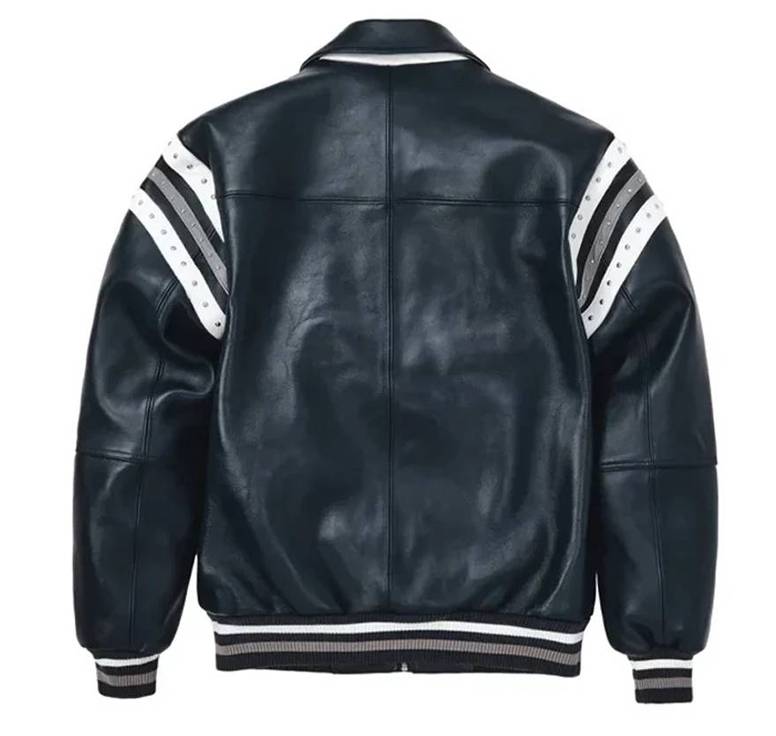 Navy Blue Pelle Pelle Encrusted Varsity Real Leather Jacket