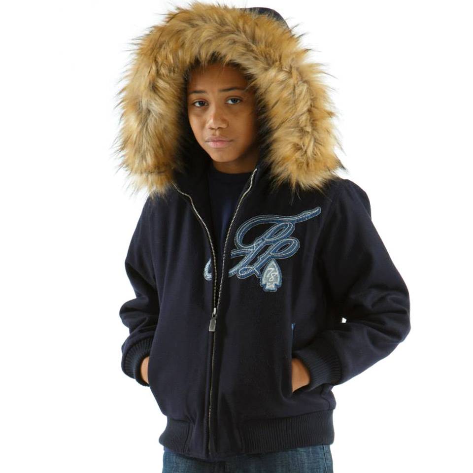Navy Blue Pelle Pelle Kids Badged Trail Blazer Fur Hood Jacket