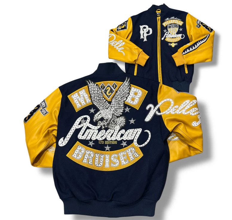 Navy Blue and Yellow Pelle Pelle American Bruiser MB Varsity Jacket