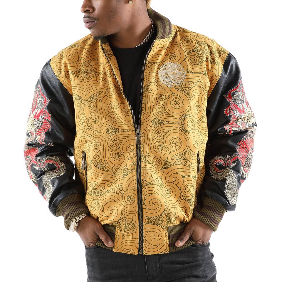 Pelle Pelle Asian Dragon Heart Yellow Varsity Bomber Leather Jacket