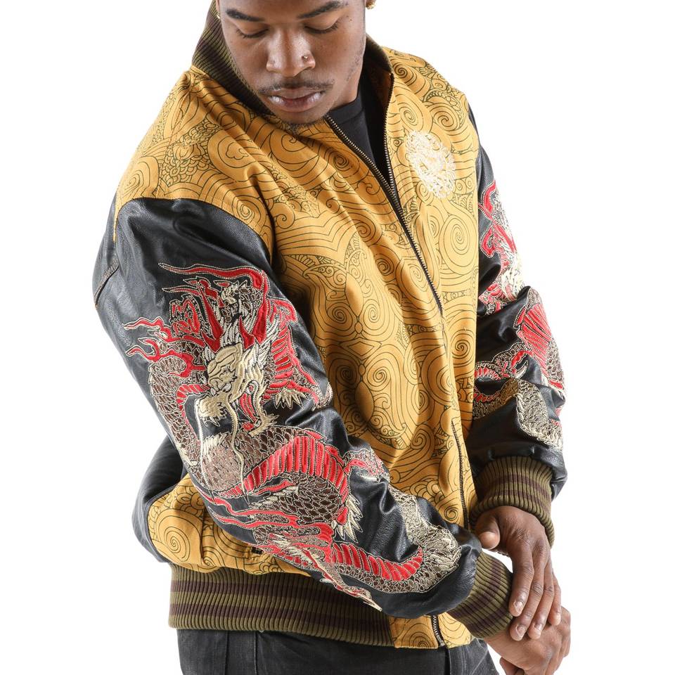 Pelle Pelle Asian Dragon Heart Yellow Varsity Leather Jacket