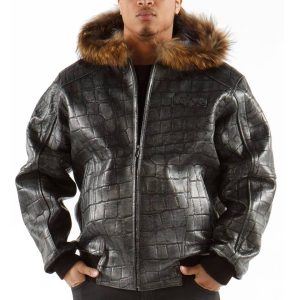 Pelle Pelle Basic Crocodile Skin Black Fur Hood Jacket