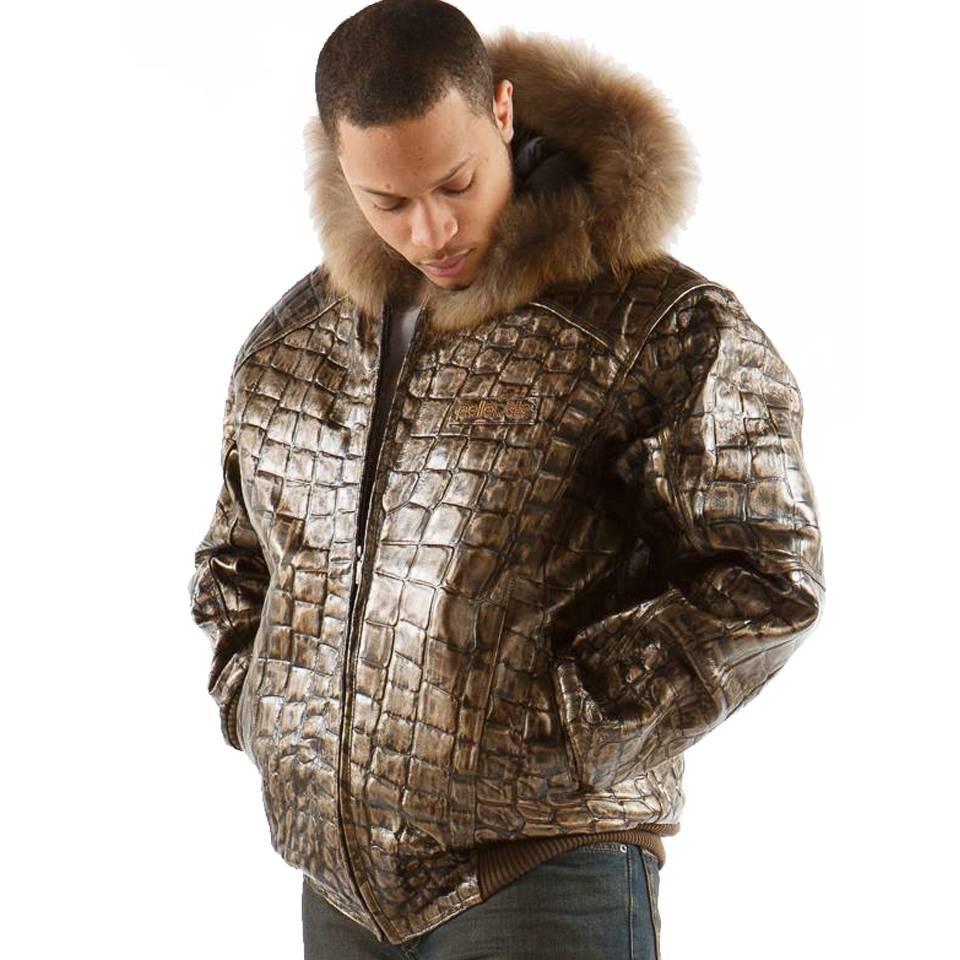 Pelle Pelle Basic Crocodile Skin Brown Fur Hood Jacket