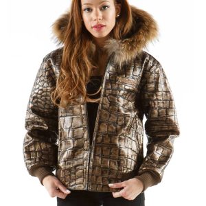 Pelle Pelle Basic Crocodile Skin Dark Brown Fur Hood Jacket
