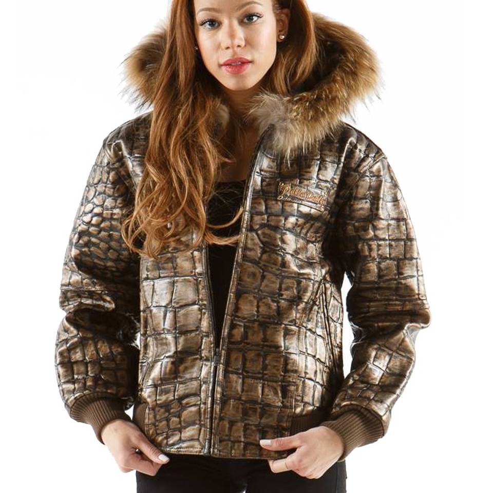 Pelle Pelle Basic Crocodile Skin Dark Brown Fur Hood Jacket