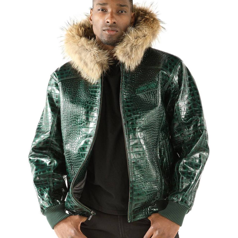 Pelle Pelle Basic Nile Green Two-Tone Cayman Fur Hood Jacket