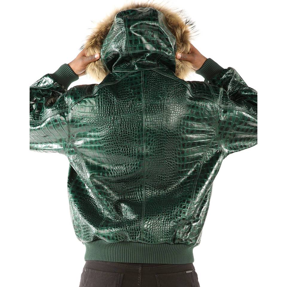 Pelle Pelle Basic Nile Green Two-Tone Cayman Fur Hood Leather Jacket