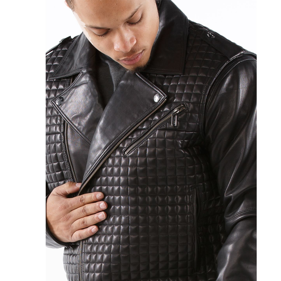 Pelle Pelle Black Houndstooth Biker Full Grain Leather Jacket
