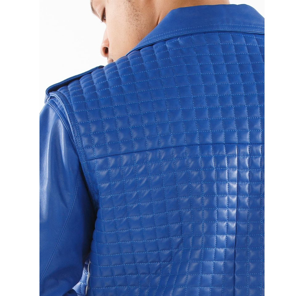 Pelle Pelle Blue Houndstooth Biker Men Leather Jacket