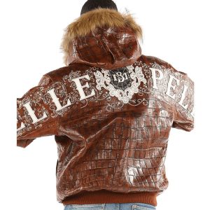 Pelle Pelle Crest Shoulder Crocodile Skin Brown Fur Hooded Leather Jacket