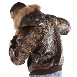 Pelle Pelle Crest Shoulder Crocodile Skin Dark Brown Fur Hooded Leather Jacket
