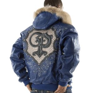 Pelle Pelle Double P Crest Fur Hood Blue Leather Jacket