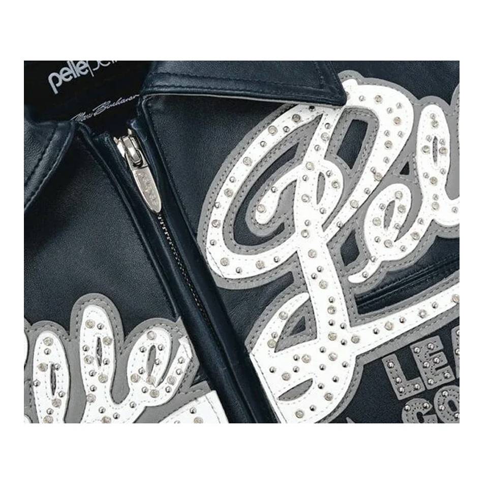 Pelle Pelle Encrusted Navy Blue Varsity Leather Jacket
