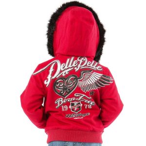 Pelle Pelle Girls Flying Heart Born Free 1978 Heritage Series Red Fur Hooded Wool Jacket