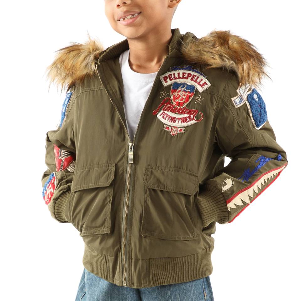 Pelle Pelle Kids American Bruiser MB Olive Green Fur Hood Jacket