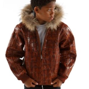 Pelle Pelle Kids Basic Fur Hood Chestnut Large Croc Leather Jacket
