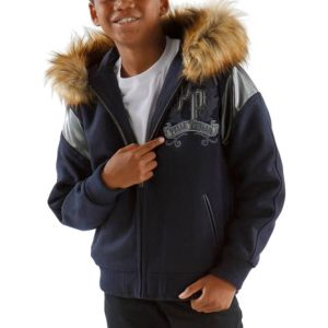 Pelle Pelle Kids Live Like a King Navy Blue Fur Hood Jacket