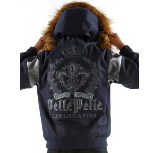 Pelle Pelle Kids Live Like a King Navy Blue Fur Hooded Wool Jacket