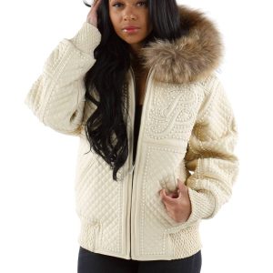 Pelle Pelle Ladies Altitude Quilted Off White Burnish Fur Hood Jacket