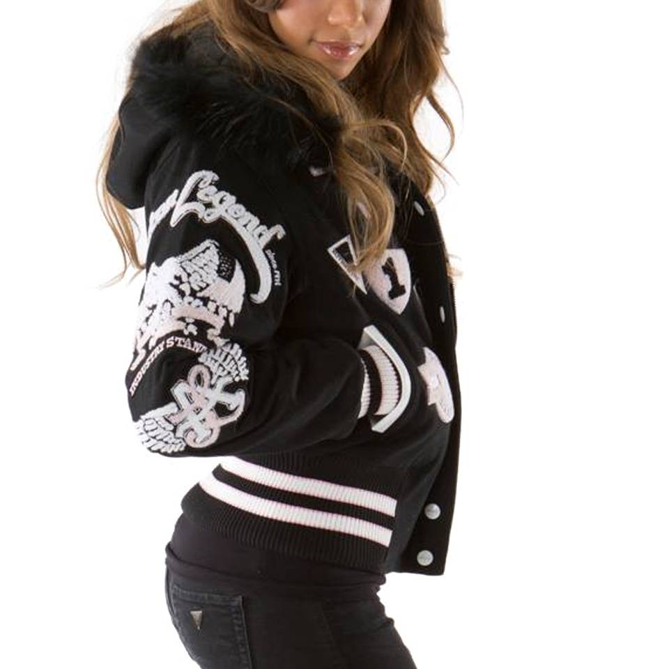 Pelle Pelle Ladies American Legend Varsity Black Fur Hooded Wool Jacket