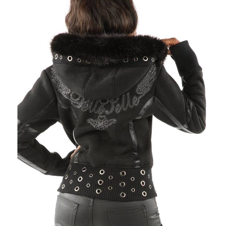 Pelle Pelle Ladies Black Wings Fur Hood Wool Jacket