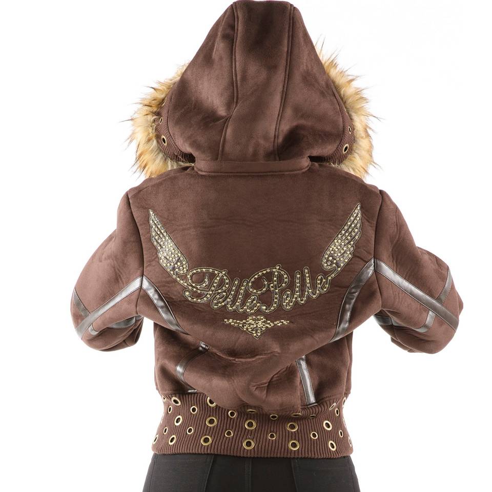 Pelle Pelle Ladies Brown Wings Fur Hood Wool Jacket