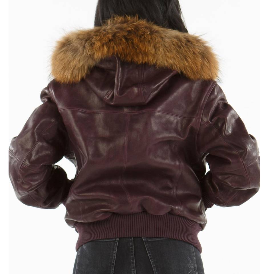 Pelle Pelle Ladies Encrusted Dark Purple Fur Hood Genuine Leather Jacket