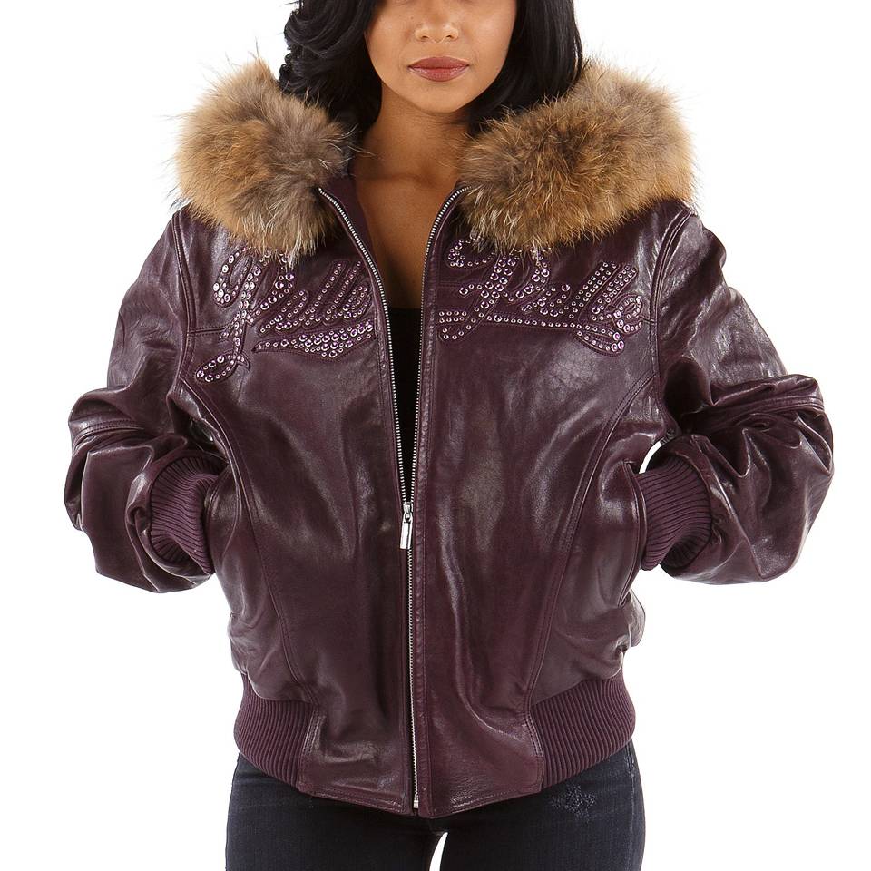 Pelle Pelle Ladies Encrusted Dark Purple Fur Hood Jacket