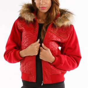 Pelle Pelle Ladies Gator Quilt Red Fur Hood Jacket