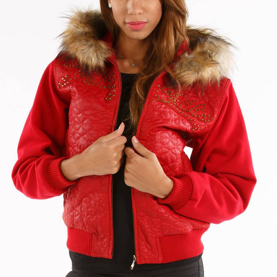Pelle Pelle Ladies Gator Quilt Red Fur Hood Jacket