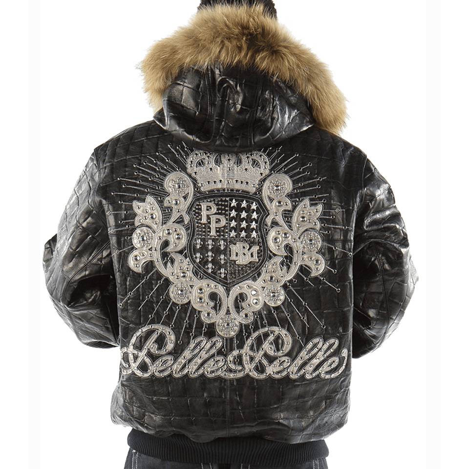Pelle Pelle MB Crest Fur Hooded Crocodile Skin Black Leather Jacket