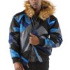 Pelle Pelle Men Abstract Blue Fur Hood Wool Jacket