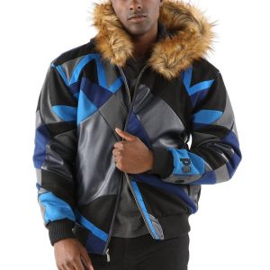 Pelle Pelle Men Abstract Blue Fur Hood Wool Jacket