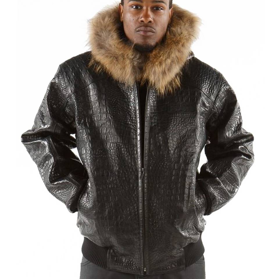 Pelle Pelle Men Basic Crocodile Skin Black Fur Hood Jacket