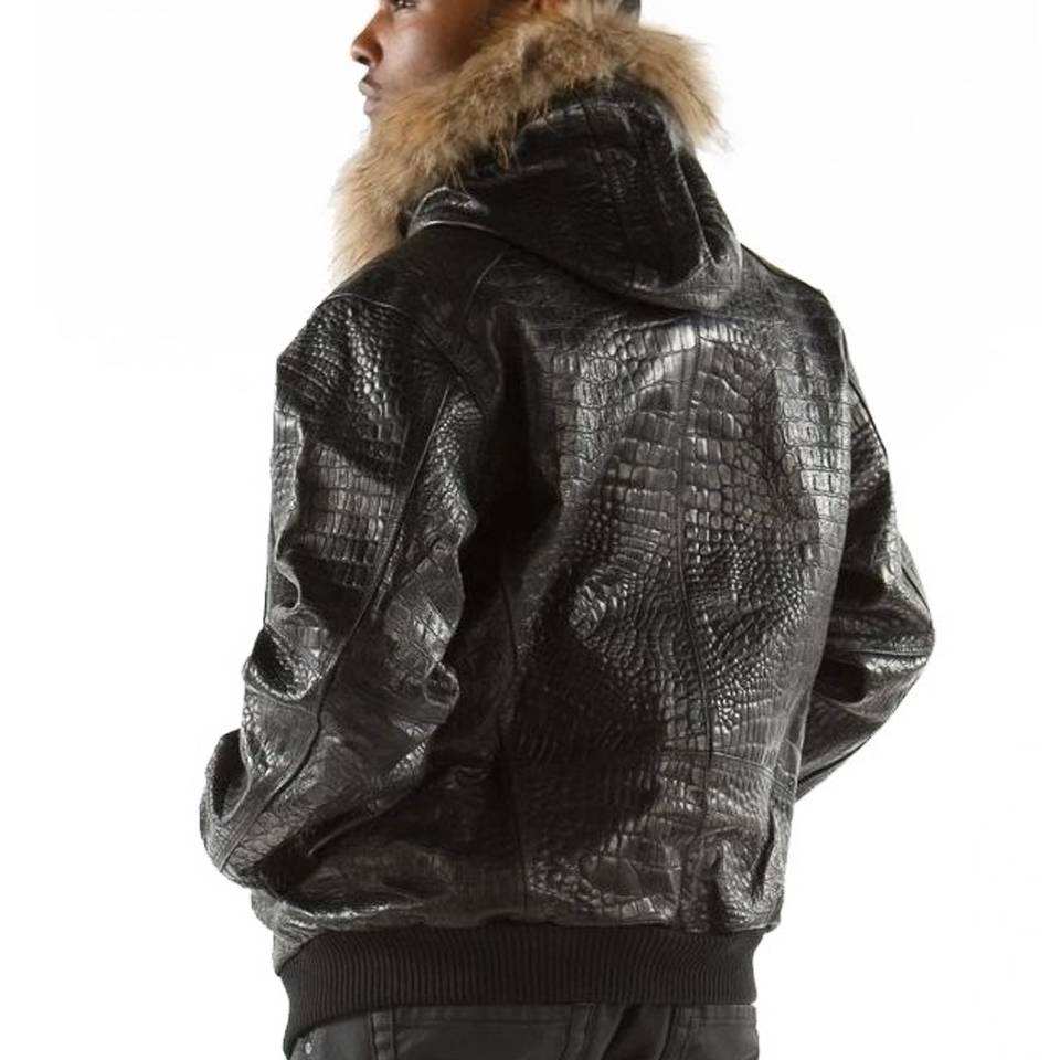Pelle Pelle Men Basic Crocodile Skin Black Fur Hooded Leather Jacket