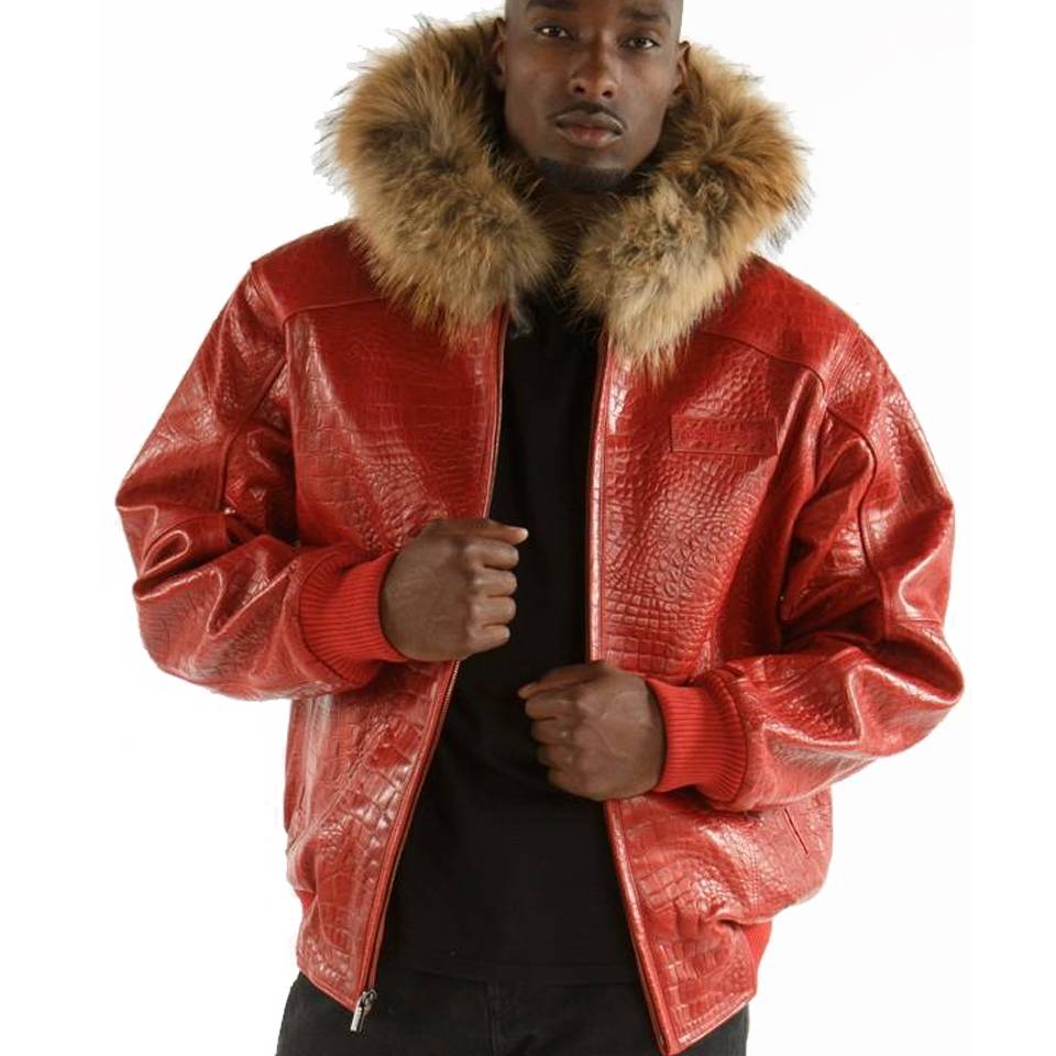 Pelle Pelle Men Basic Crocodile Skin Red Fur Hood Jacket