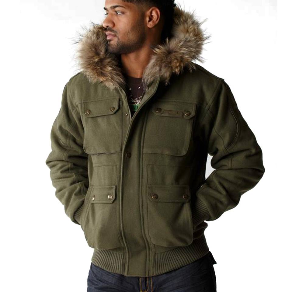 Pelle Pelle Men Bellow Pocket Olive Green Fur Hood Wool Jacket
