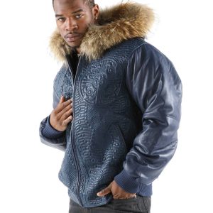 Pelle Pelle Men Blue Encrusted Fur Hood Jacket