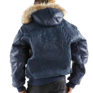 Pelle Pelle Men Blue Encrusted Fur Hood Leather Jacket