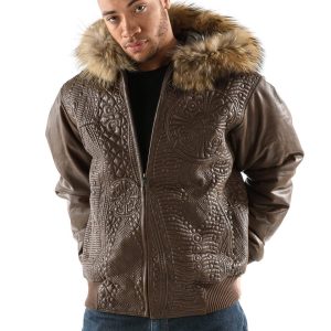 Pelle Pelle Men Brown Encrusted Fur Hood Leather Jacket