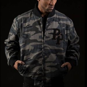 Pelle Pelle Men Camo Green Spellout Zip-up Bomber Jacket