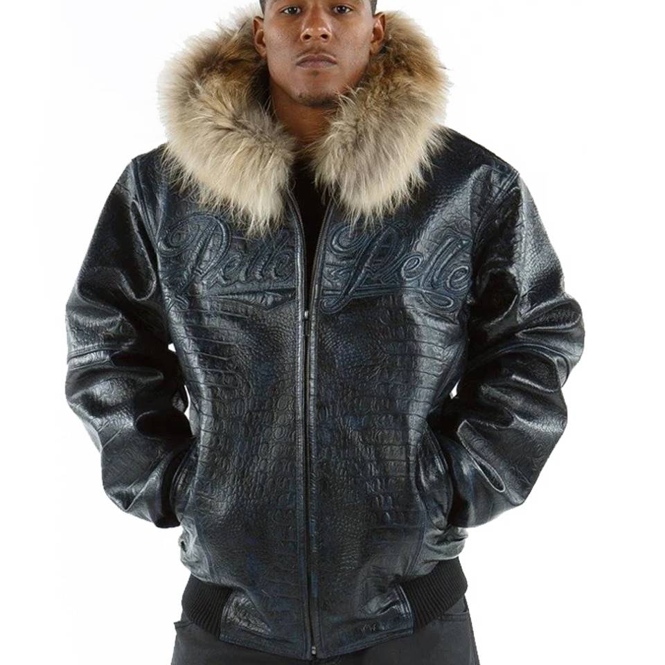 Pelle Pelle Men Dark Blue Fur Hood Jacket