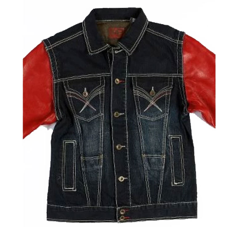 Pelle Pelle Men Jeans Blue Jacket with Red Lether Sleeves