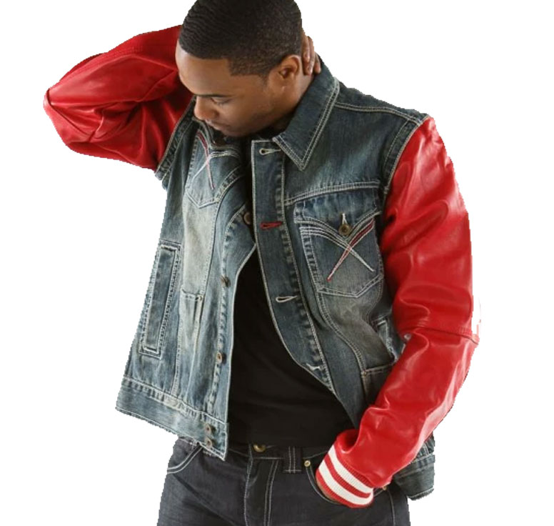 Pelle Pelle Men Jeans Blue Jacket with Red Sleeves