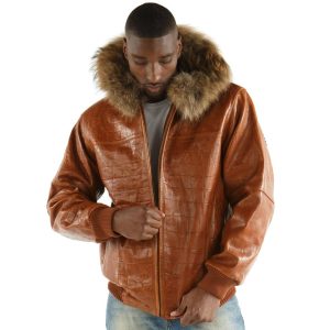 Pelle Pelle Studded Script Fur Hood Brown Phantom Leather Jacket