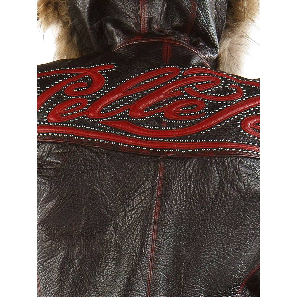 Pelle Pelle Studded Script Fur Hood Maroon Genuine Leather Jacket