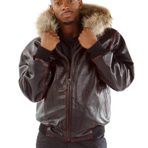 Pelle Pelle Studded Script Fur Hood Maroon Phantom Jacket