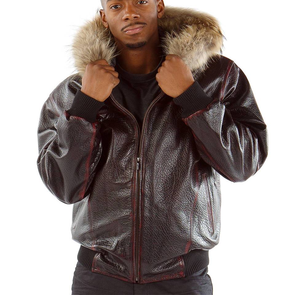 Pelle Pelle Studded Script Fur Hood Maroon Phantom Jacket