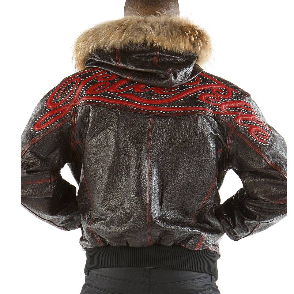 Pelle Pelle Studded Script Fur Hood Maroon Phantom Leather Jacket